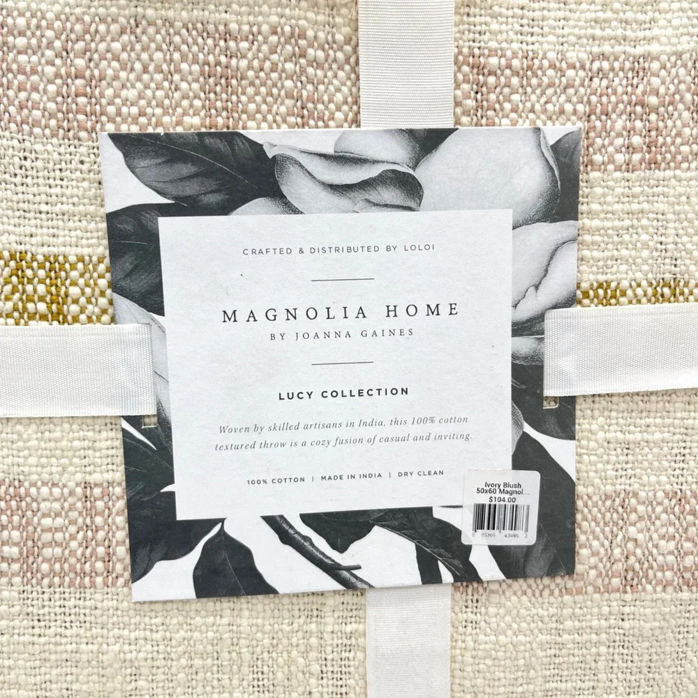 Magnolia Home Joanna Gaines Lucy Throw Blanket Ivory Blush Cotton 50x60 New